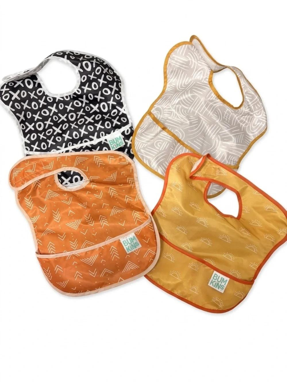 🎉(6-24m) 4PC Bumkins SuperBibs – Sun, Chevron, XO & Abstract Patterns